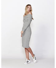 Betty Basics - Alexis Dress Off the Shoulder Grey Stripe