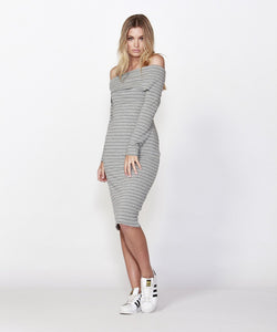 Betty Basics - Alexis Dress Off the Shoulder Grey Stripe