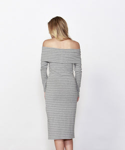 Betty Basics - Alexis Dress Off the Shoulder Grey Stripe