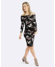 Chloe Off Shoulder Maternity Dress in Black Floral