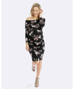 Chloe Off Shoulder Maternity Dress in Black Floral