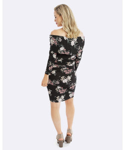 Chloe Off Shoulder Maternity Dress in Black Floral