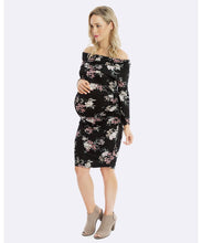 Chloe Off Shoulder Maternity Dress in Black Floral