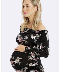 Chloe Off Shoulder Maternity Dress in Black Floral