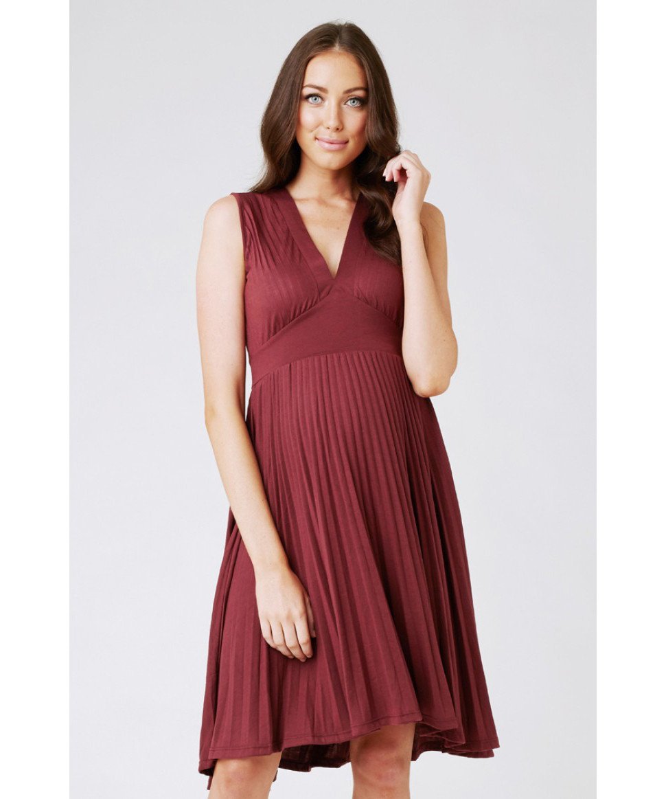 V-Neck Knife Pleat Maternity Dress